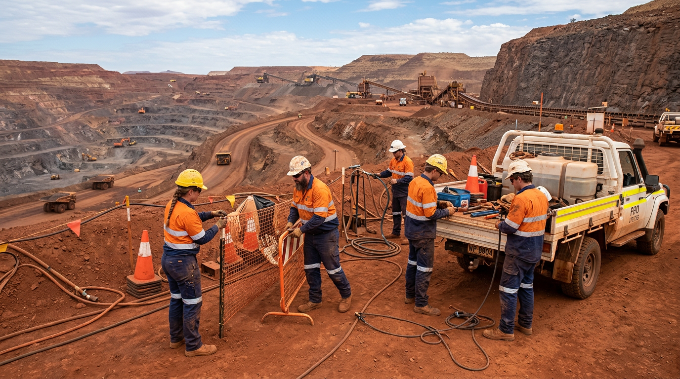 Australian mining workers in hi-vis relating to The Complete Guide to FIFO Utility Jobs: Your Backdoor Route into the Australian Mining Industry — Image created by www.australian-mining-jobs.com