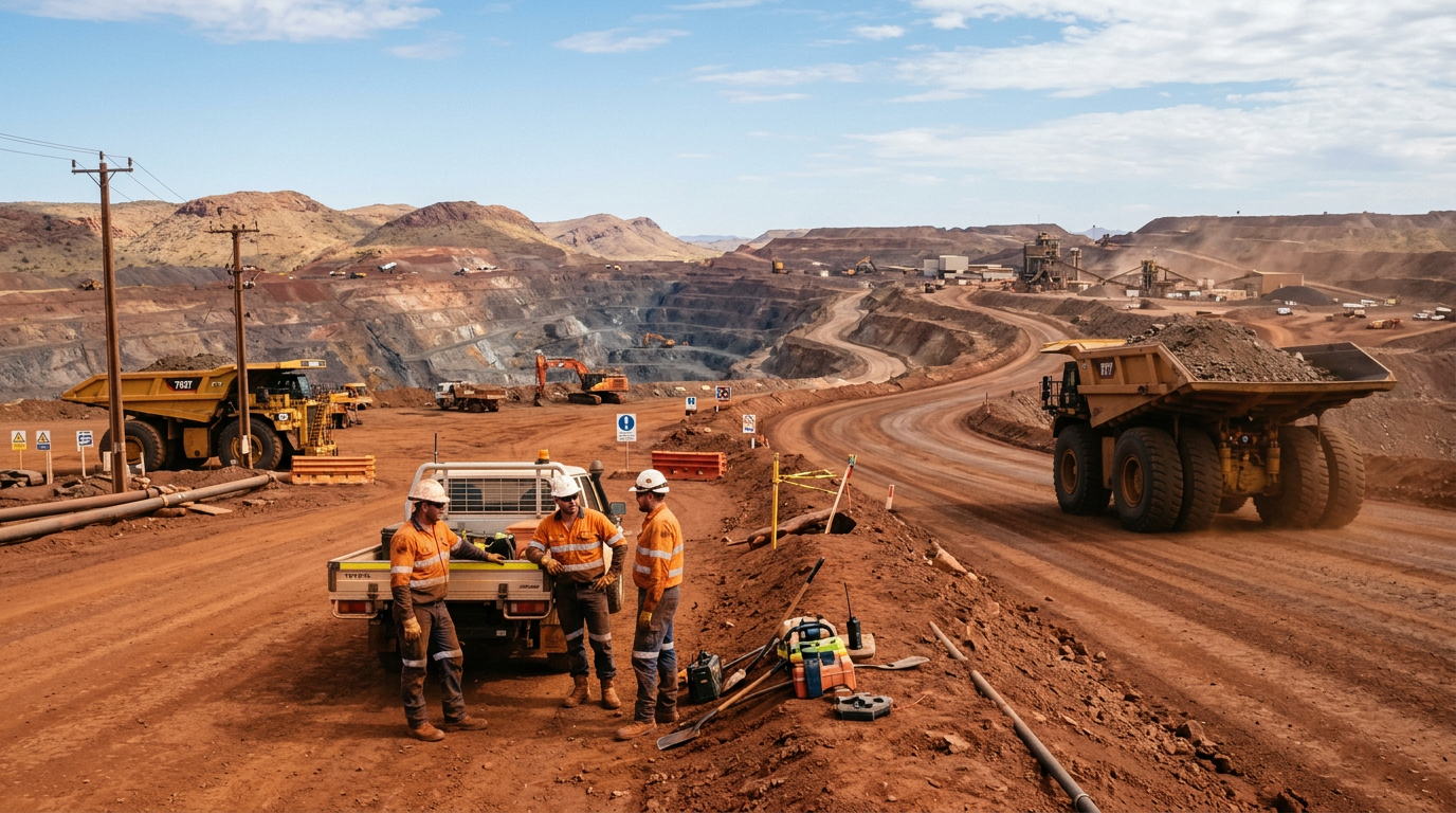 Australian mining equipment and FIFO operations supporting The Complete Guide to FIFO Utility Jobs: Your Backdoor Route into the Australian Mining Industry — Image created by www.australian-mining-jobs.com