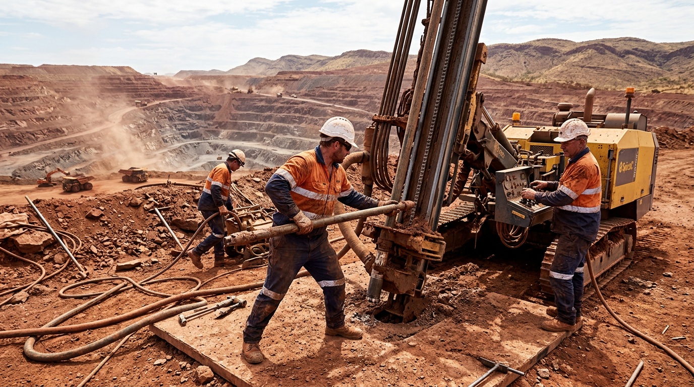 Australian mining workers in hi-vis relating to The Driller's Offsider Pathway: The Hardest, Fastest Route to a Six-Figure FIFO Career — Image created by www.australian-mining-jobs.com