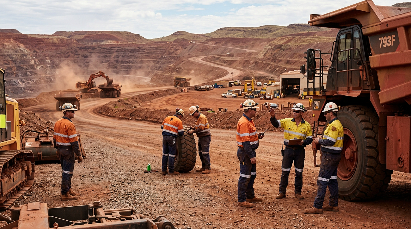 Australian mining workers in hi-vis relating to How to Land an Entry-Level FIFO Dump Truck Traineeship: The Clean-Skin Guide — Image created by www.australian-mining-jobs.com