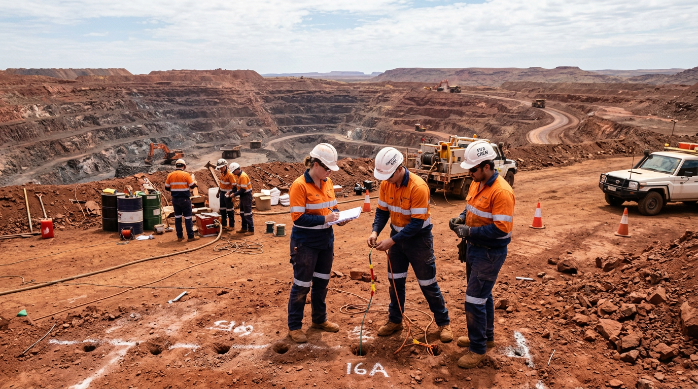 Australian mining workers in hi-vis relating to The FIFO Blast Crew Pathway: How to Get Hired as a Shotfirer's Assistant — Image created by www.australian-mining-jobs.com