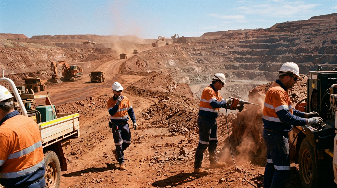 Australian mining workers in hi-vis relating to FIFO Rosters Explained: How to Choose the Right Swing for Your Pay and Lifestyle — Image created by www.australian-mining-jobs.com
