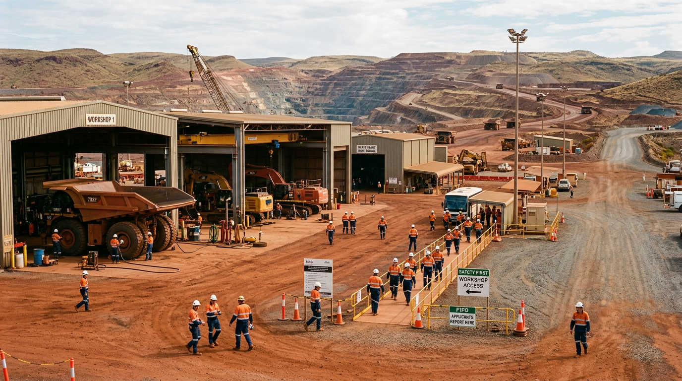 The FIFO Trade Assistant (TA) Pathway: How to Get Hired in Mining Workshops and Fixed Plants — Australian mine site scene — Image created by www.australian-mining-jobs.com