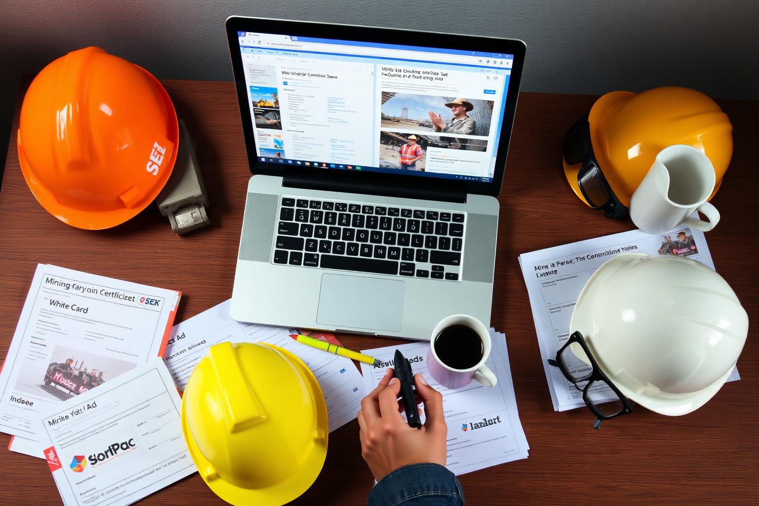 Applicant applying for Australian mine site jobs on SEEK, Indeed, and Jora with resumes, certificates, and recruitment firms on a desk