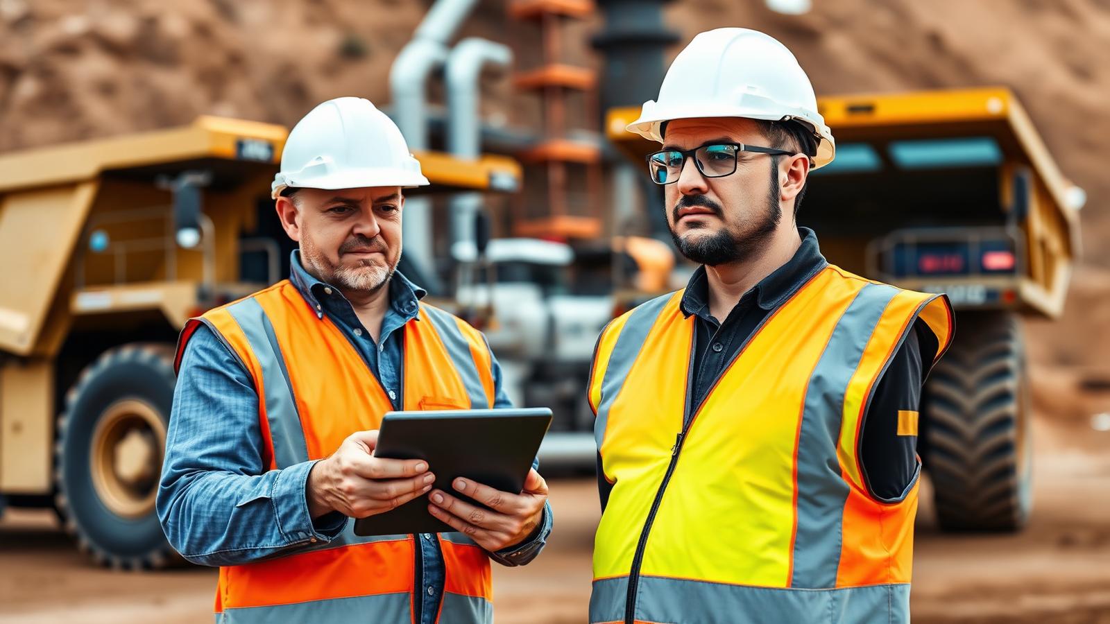 Mine site supervisor in white hard hat reviewing plans beside haul trucks — Image created by www.australian-mining-jobs.com