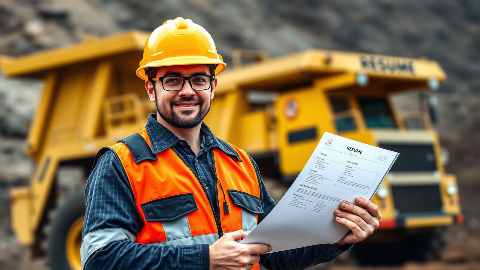 First time mine worker holding a resume in front of a haul truck — Image created by www.australian-mining-jobs.com