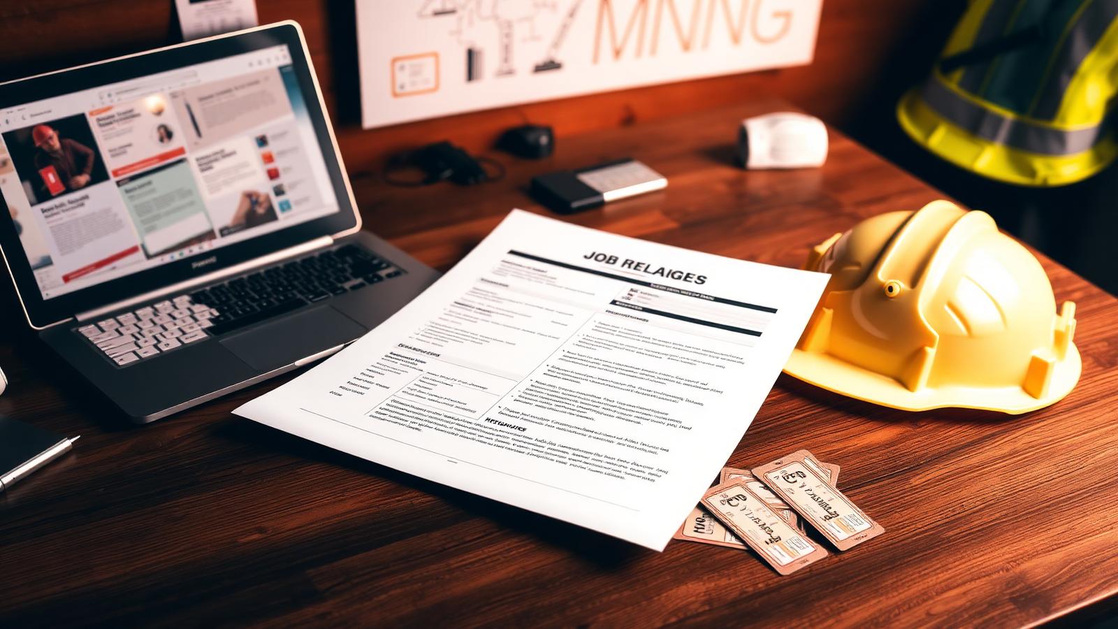 Mining resume, safety tickets and laptop showing job listings on a desk — Image created by www.australian-mining-jobs.com