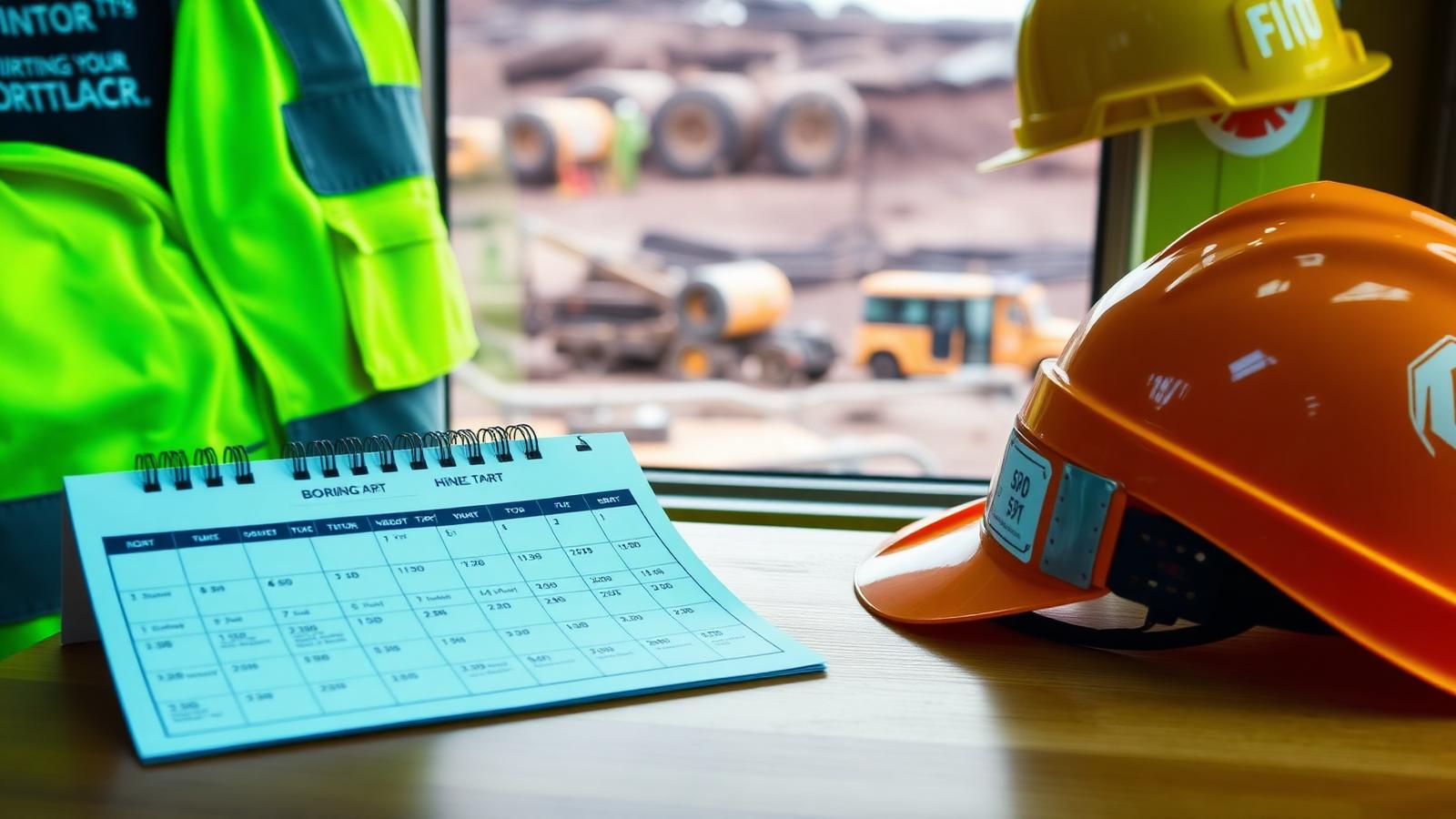 FIFO roster planner and hard hat on a table at a mining camp — Image created by www.australian-mining-jobs.com