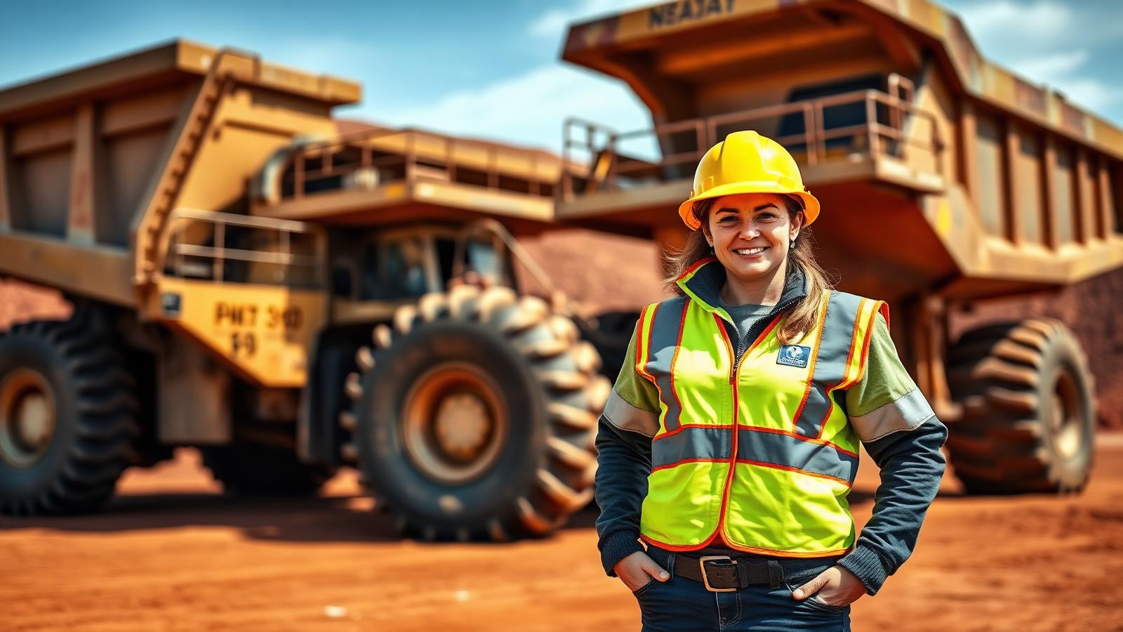 Female Australian mine worker in hi-vis standing beside a haul truck — Image created by www.australian-mining-jobs.com