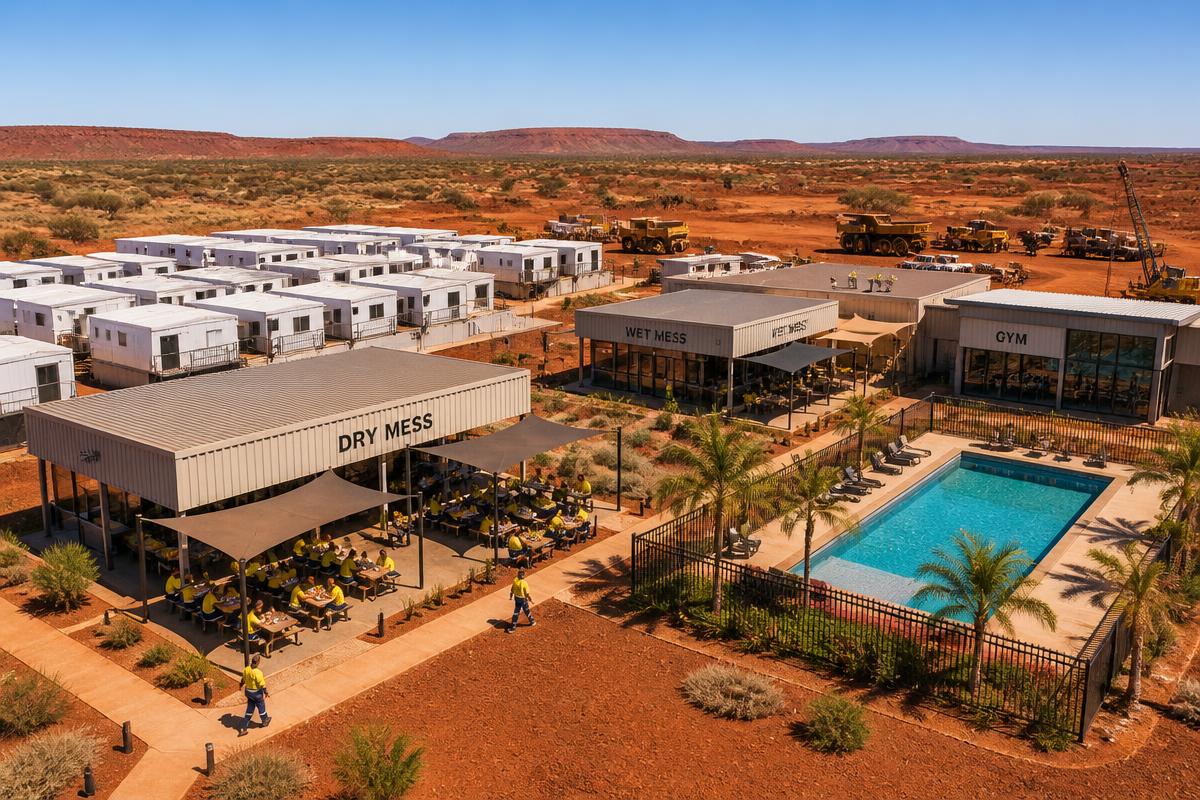 Australian Pilbara mining camp in daytime showing donga accommodation, Dry Mess dining hall, Wet Mess bar, gym and swimming pool with workers in hi-vis