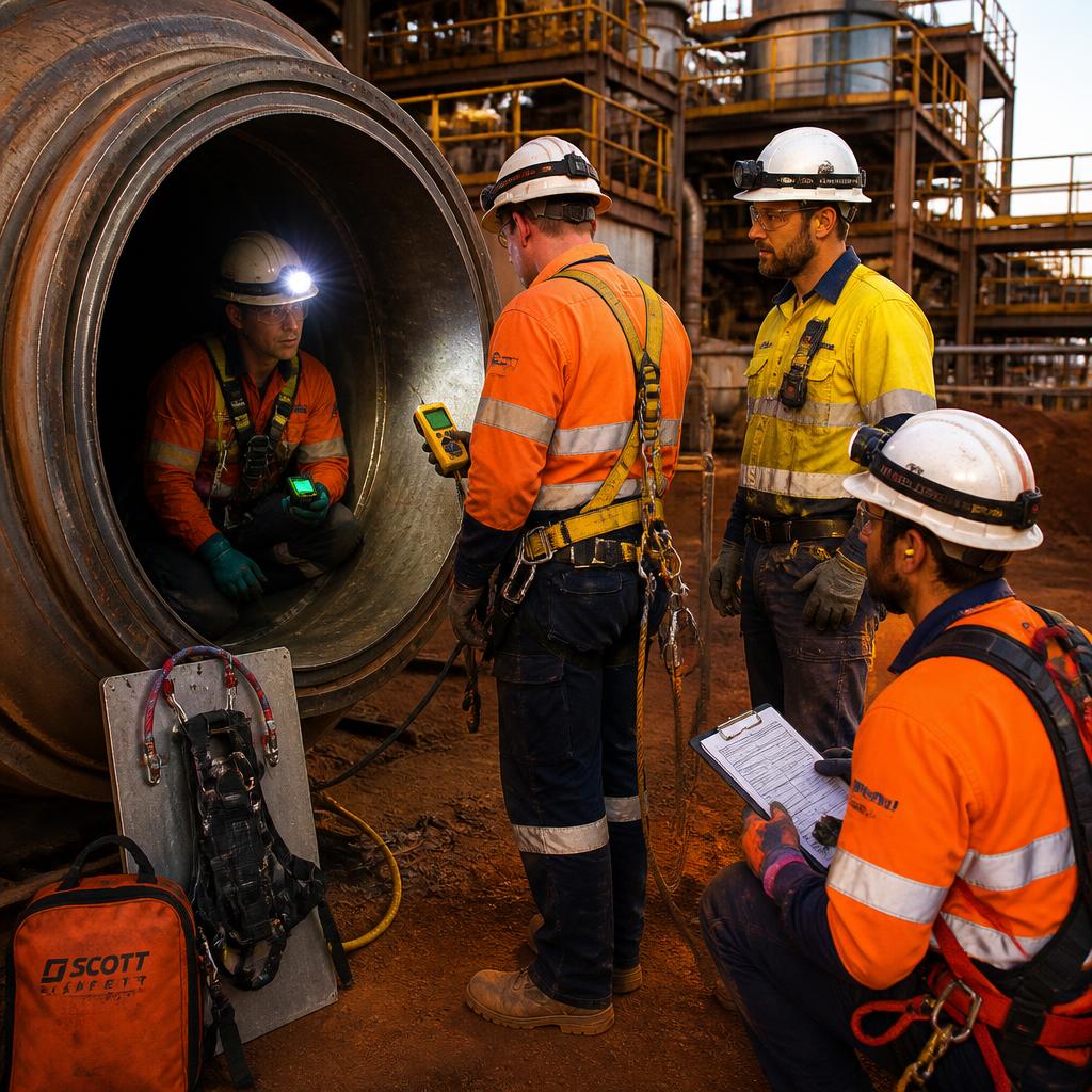 Australian mine workers in bright orange and yellow hi-vis workwear and white hard hats training and assessing Confined Space Entry inside a large gold mine processing vessel, with gas detectors, safety harnesses, and standby crew — Image created by www.australian-mining-jobs.com