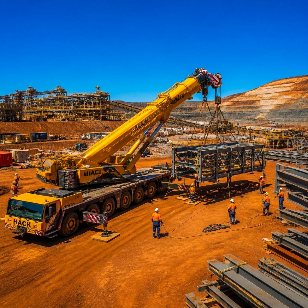 Wide aerial view of a modern yellow 200-tonne mobile crane with 18 wheels lifting steel conveyor belt construction frames at an Australian gold mine, while riggers and a dogger in hi-vis organise shackles, chains and ropes on the red dirt ground — Image created by www.australian-mining-jobs.com