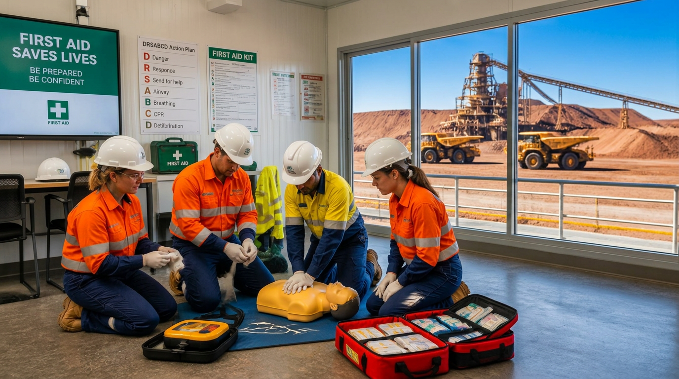 Wide 16:9 cinematic view of Australian mine workers in orange and yellow hi-vis workwear and white hard hats practicing first aid and CPR on a yellow training dummy in a spacious mine site training area, with bandaging practice, AED trainer, first aid kit, and distant haul trucks and processing plant visible in the background — Image created by www.australian-mining-jobs.com