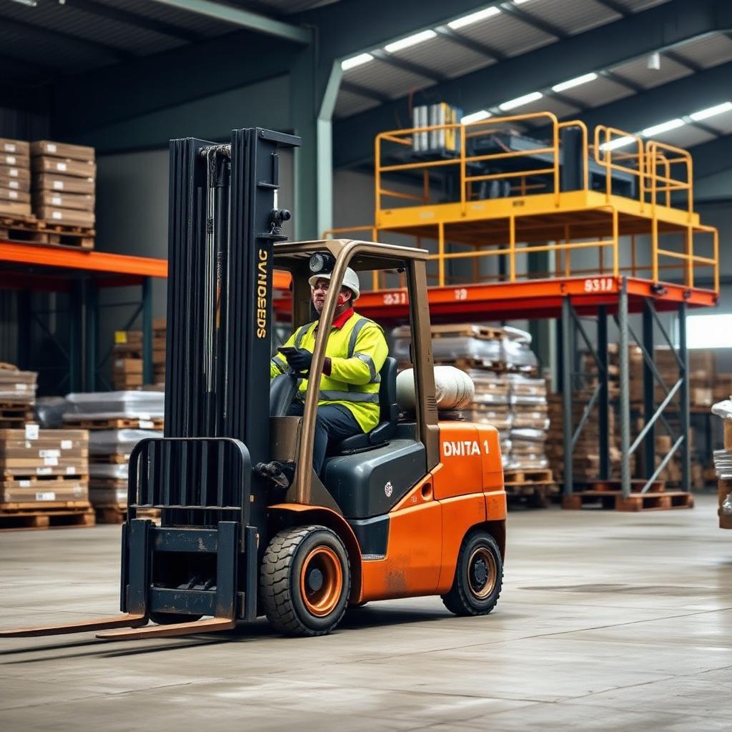 Forklift operator moving pallets in a mine site warehouse or lay-down yard — Image created by www.australian-mining-jobs.com