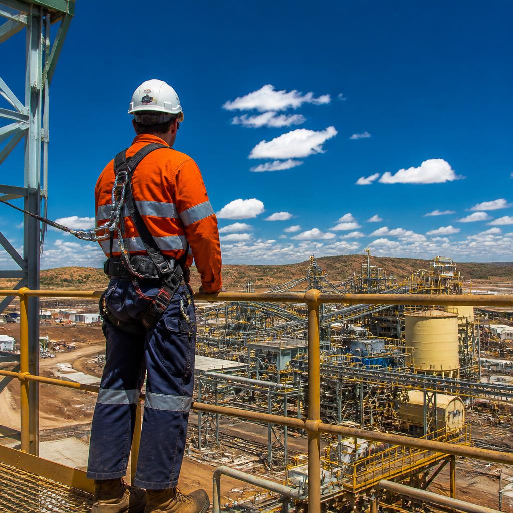 Mine worker in bright orange hi-vis and white hard hat wearing a full safety harness, clipped to an anchor line on a high steel processing plant structure with Australian mine site infrastructure in the background — Image created by www.australian-mining-jobs.com