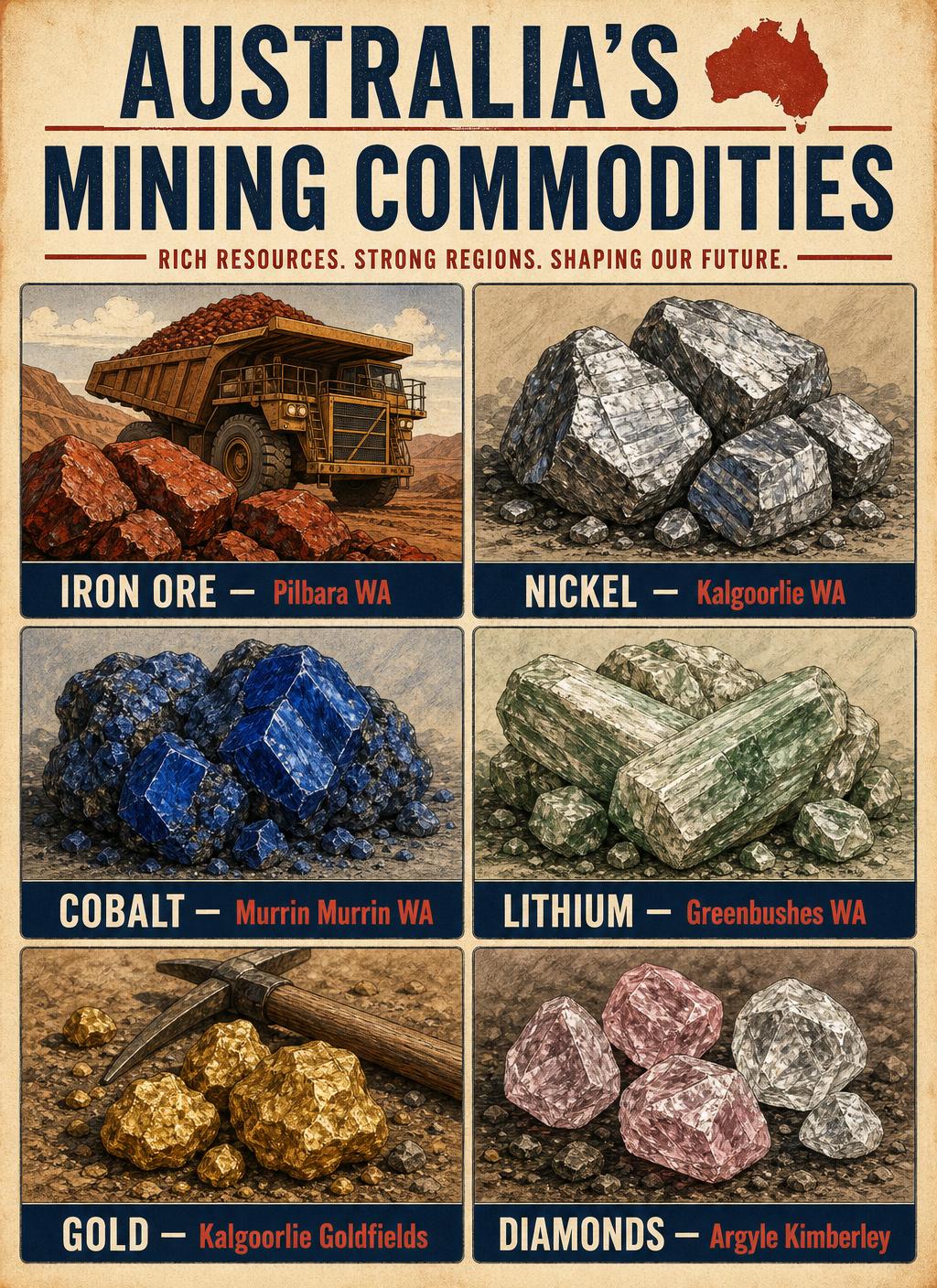 Illustrated guide to Australian mining commodities — Iron Ore (Pilbara), Nickel (Kalgoorlie), Cobalt (Murrin Murrin), Lithium (Greenbushes), Gold (Kalgoorlie Goldfields) and Diamonds (Argyle Kimberley) — miningjobsau.com
