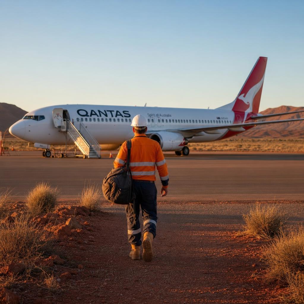 FIFO mine worker in hi-vis walking toward a QANTAS jet on a remote Pilbara tarmac at golden hour — miningjobsau.com