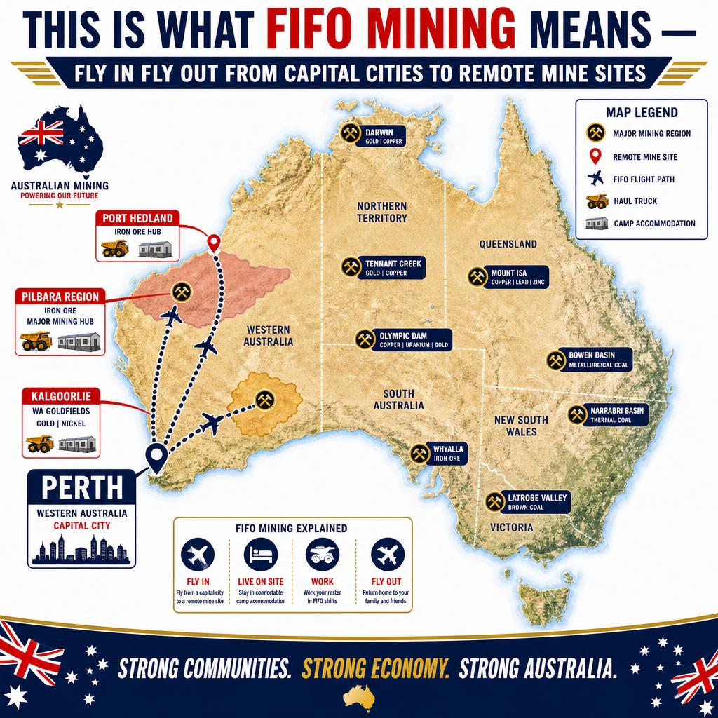 Map of Australia showing FIFO flight paths from Perth to Pilbara, Kalgoorlie, and Port Hedland mining regions — this is what FIFO mining means