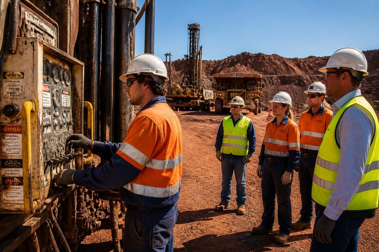 New Australian mine worker operating drilling rig machinery on his first working day with team members and supervisor watching