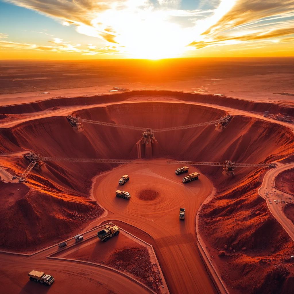 Australian open pit mine site with hi-vis workers and haul trucks moving iron ore — Image created by www.australian-mining-jobs.com