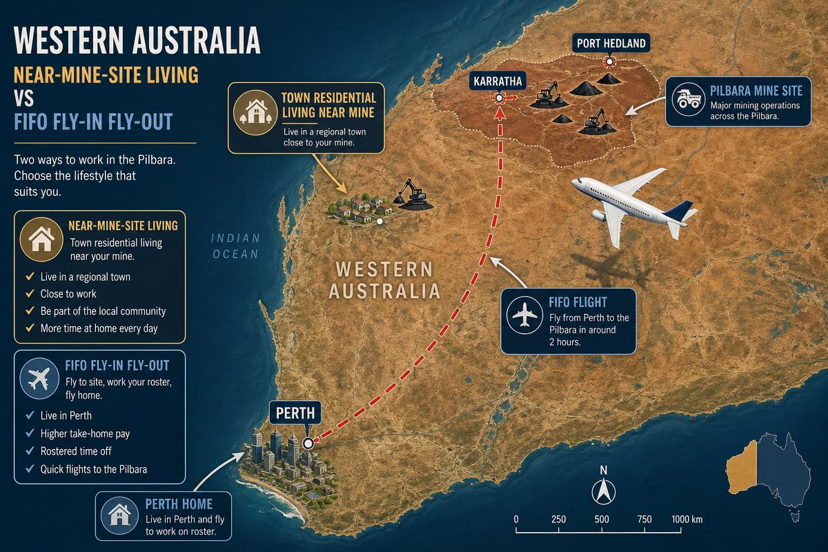 Map view of Western Australia showing near-mine-site town residential living versus the FIFO flight path from Perth to Pilbara mine sites