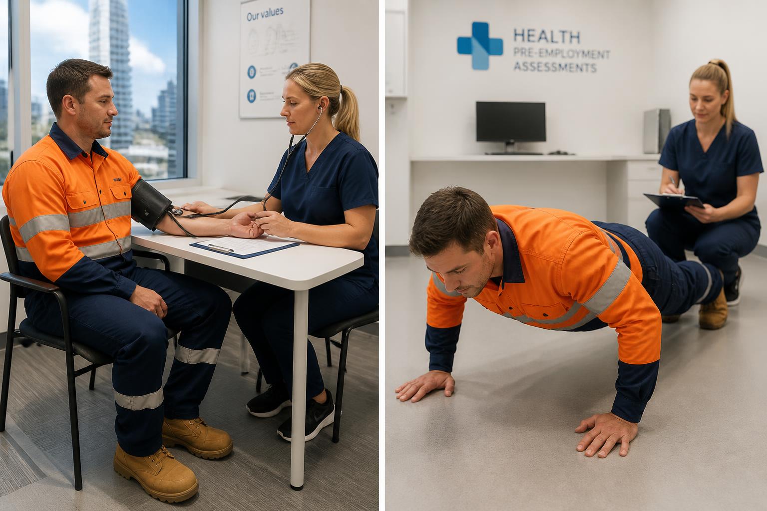 Australian mine site candidate in hi-vis work shirt at a city medical assessment office, receiving a health check-up by a nurse and then doing push-ups for fitness assessment