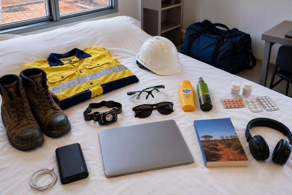 FIFO packing list essentials for an Australian mine site including steel-cap boots, hi-vis shirt, safety glasses, sunglasses, headlamp, sunscreen, insect repellent, prescriptions, power bank, laptop, book and headphones