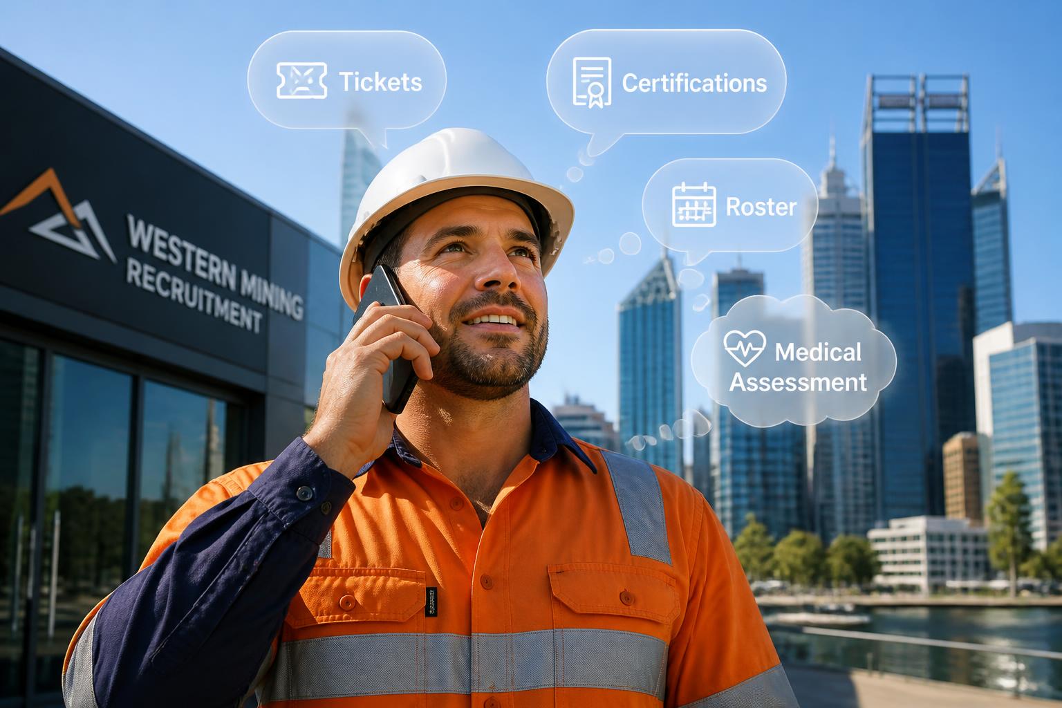 Mine worker in hi-vis on the phone in Perth with a recruitment firm, thinking about tickets, certifications, roster, and medical assessment