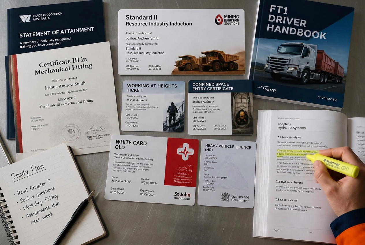 Australian mining tickets and trade qualifications collage including White Card, Working at Heights, Confined Space, First Aid, CPR, HR truck licence, and TAFE study