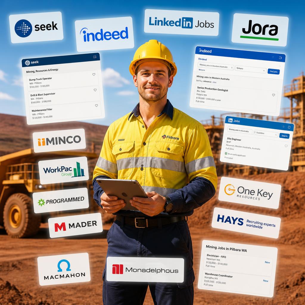 Australian mine site job applicant in hi-vis surrounded by recruitment agency logos and job listing websites