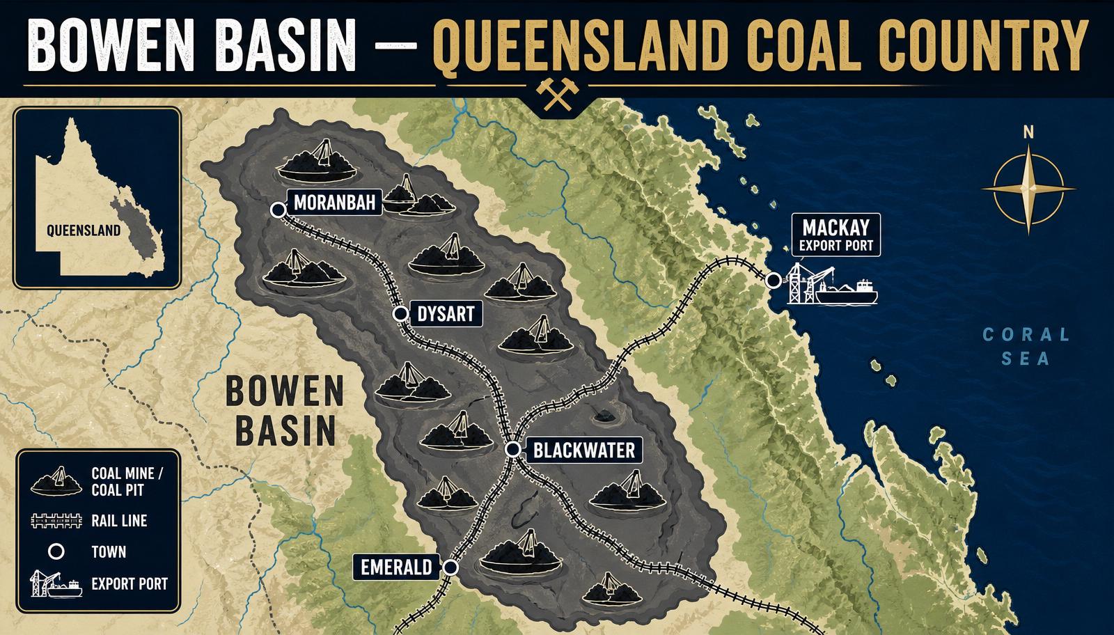 Stylised map of the Bowen Basin in central Queensland showing coal mining towns Moranbah Dysart Blackwater Emerald and Mackay export port — Image created by www.australian-mining-jobs.com