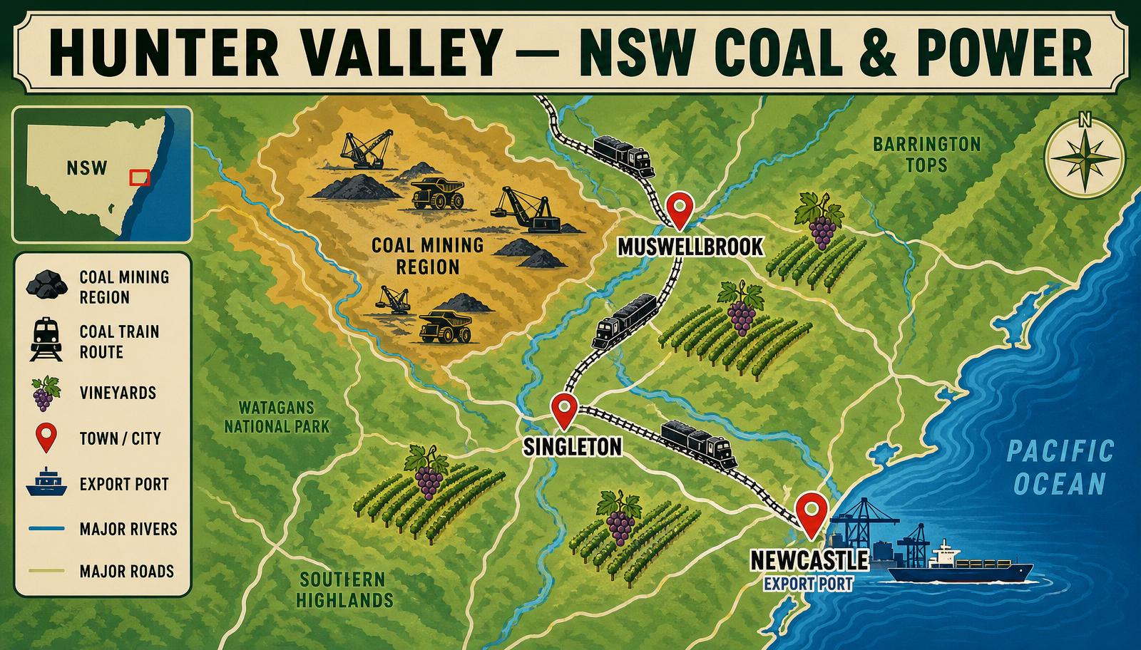 Stylised map of the Hunter Valley New South Wales showing Muswellbrook Singleton Newcastle export port coal mining region and vineyards — Image created by www.australian-mining-jobs.com