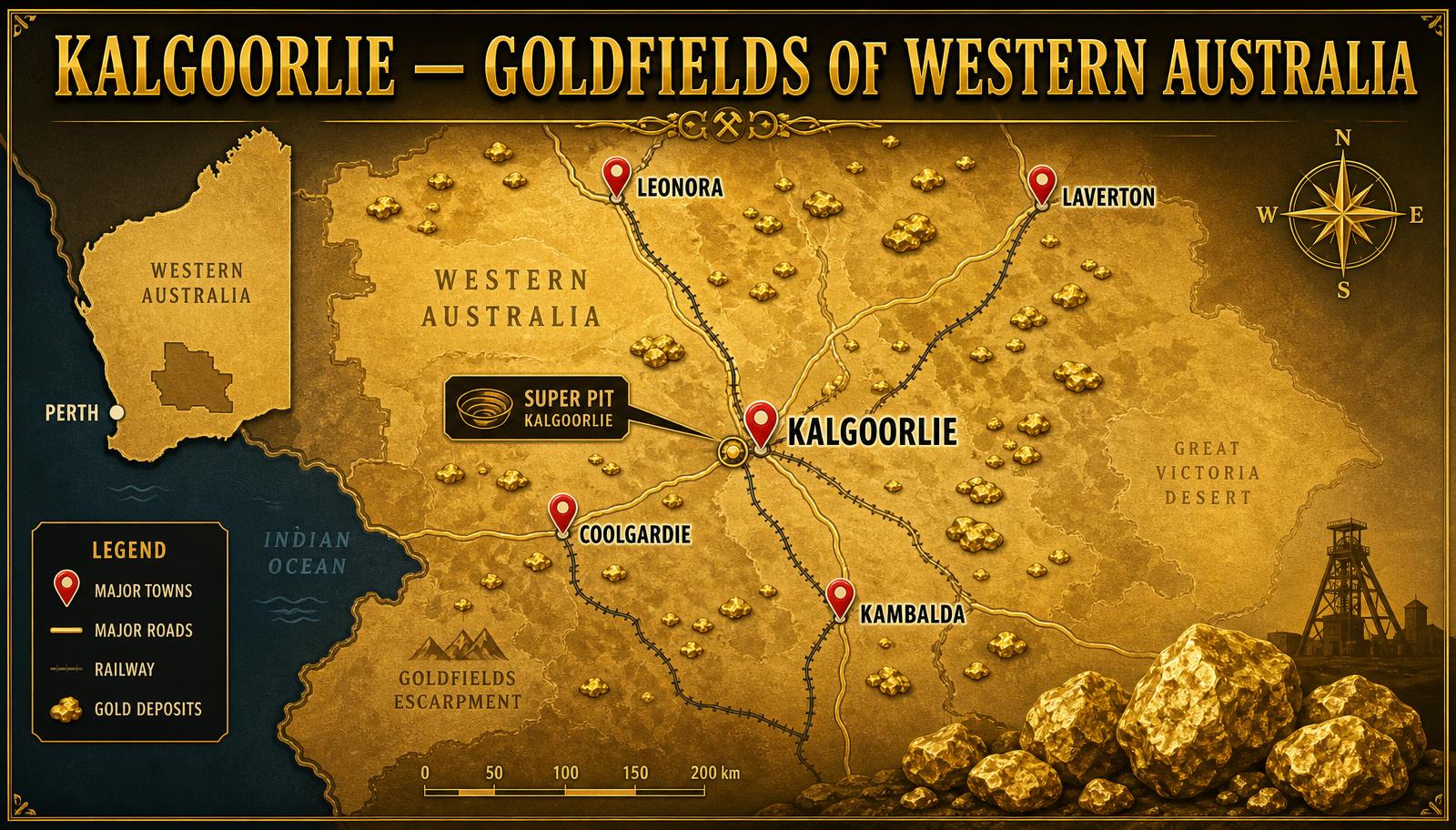 Stylised gold-themed map of Kalgoorlie–Boulder and the WA Goldfields showing Super Pit and surrounding towns Coolgardie Kambalda Leonora Laverton — Image created by www.australian-mining-jobs.com