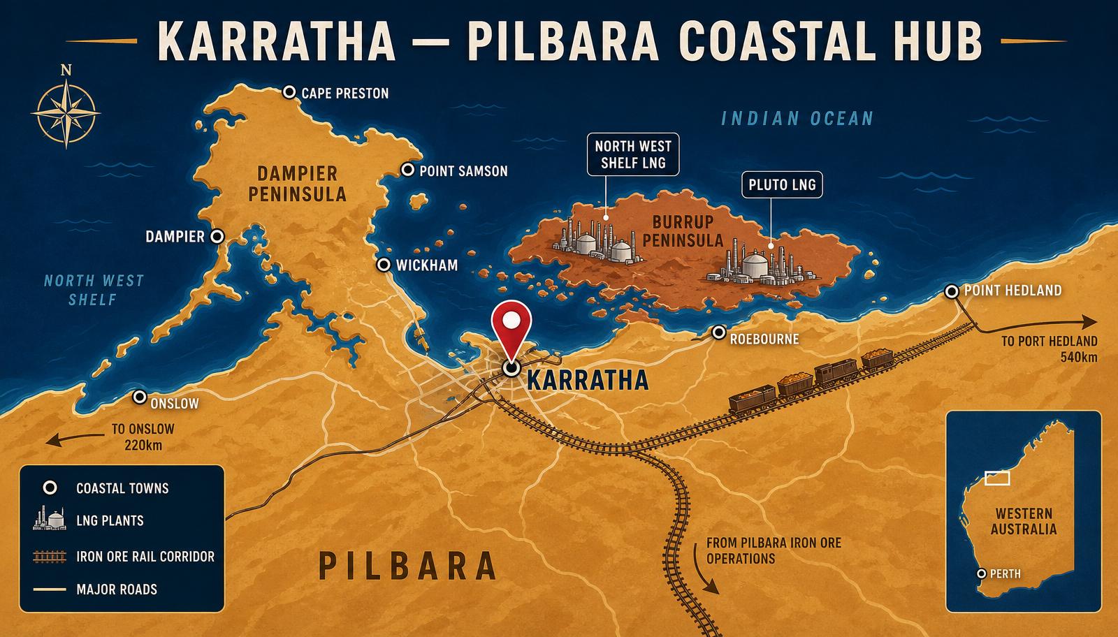 Stylised map of Karratha and the Dampier peninsula in Western Australia showing LNG plants on the Burrup and iron ore rail corridor — Image created by www.australian-mining-jobs.com