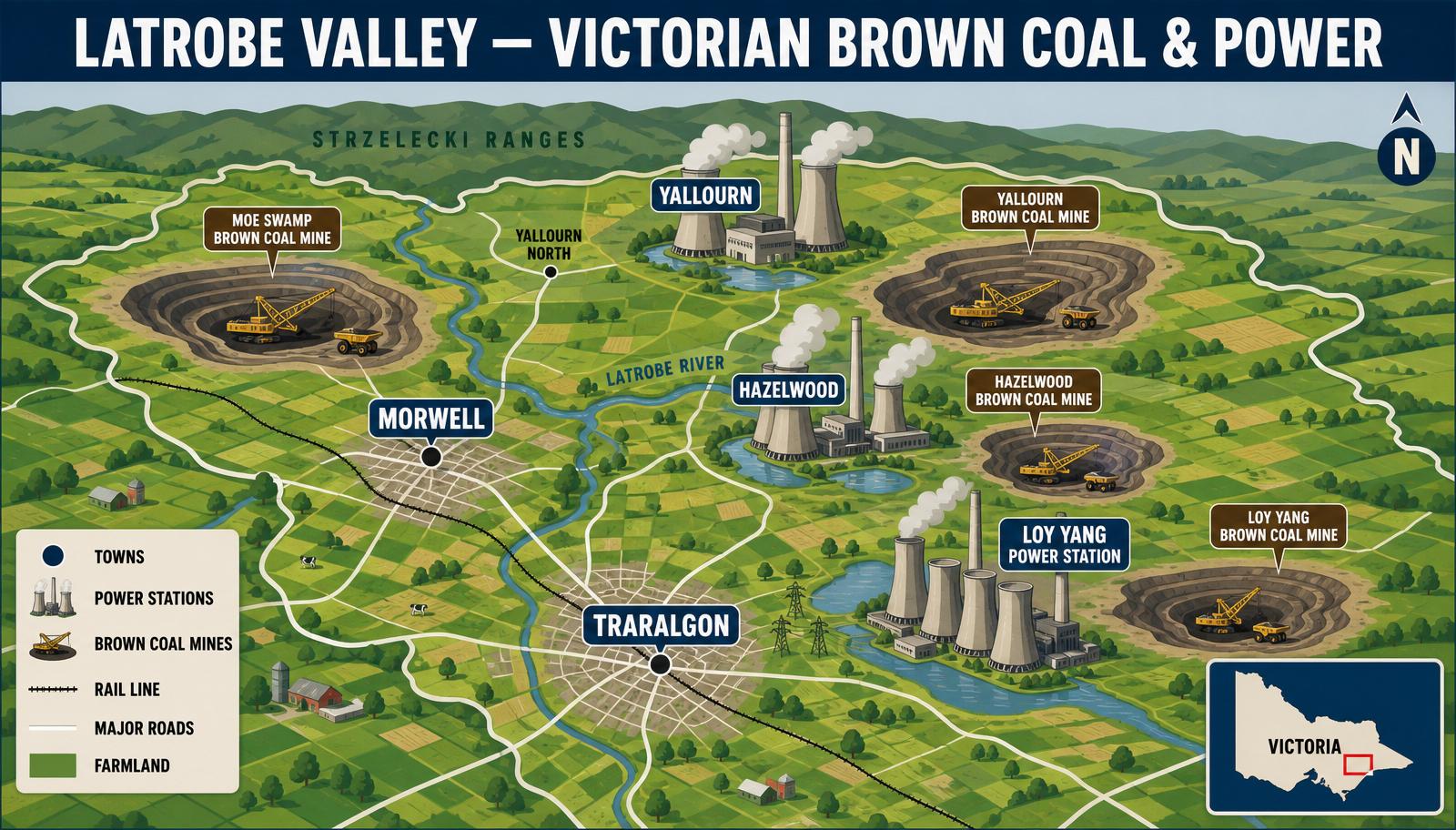 Stylised map of the Latrobe Valley Victoria showing Morwell Traralgon Yallourn Hazelwood and Loy Yang brown coal mines and power stations — Image created by www.australian-mining-jobs.com