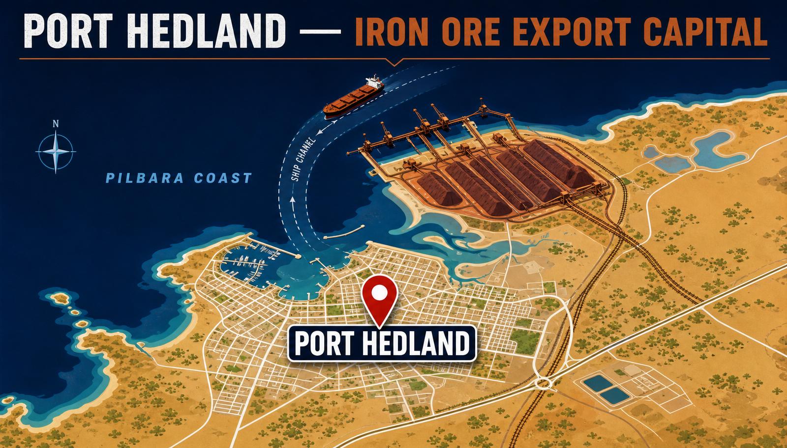 Stylised map of Port Hedland Western Australia showing the ship channel, iron ore stockpiles, harbour and town — Image created by www.australian-mining-jobs.com