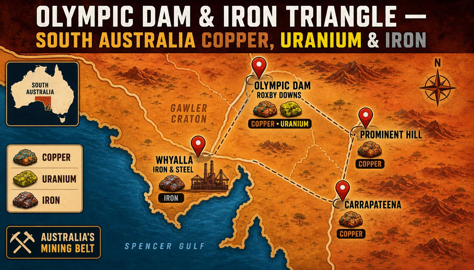 Stylised map of South Australia's mining belt showing Olympic Dam Roxby Downs Whyalla Prominent Hill Carrapateena copper uranium and iron — Image created by www.australian-mining-jobs.com