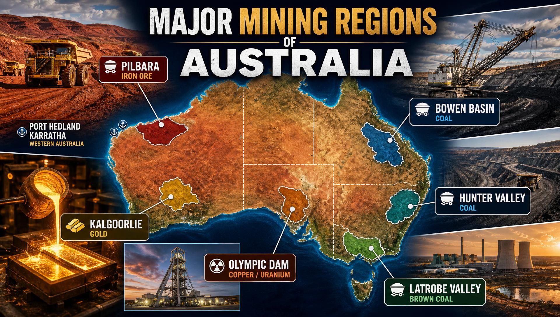Map collage of Australia's major mining regions — Pilbara, Kalgoorlie, Bowen Basin, Hunter Valley, Latrobe Valley and Olympic Dam — Image created by www.australian-mining-jobs.com