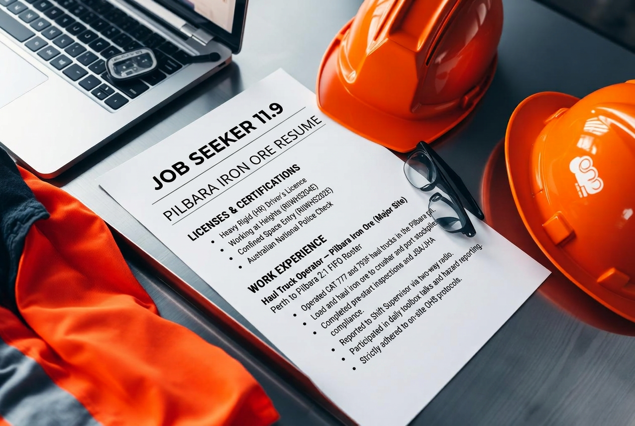 Australian mining focused resume listing tickets, licences, and qualifications on a desk with a hi-vis shirt, hard hat, and laptop