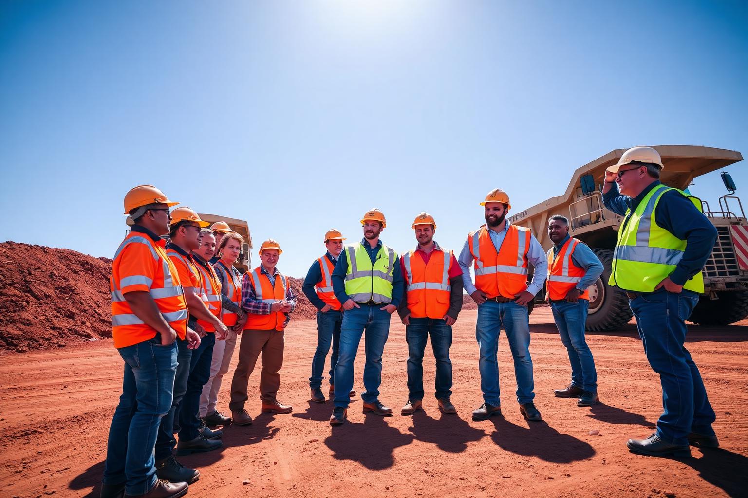 New Australian mine worker arriving for first day inductions at a mine site training centre with supervisor and other workers in hi-vis