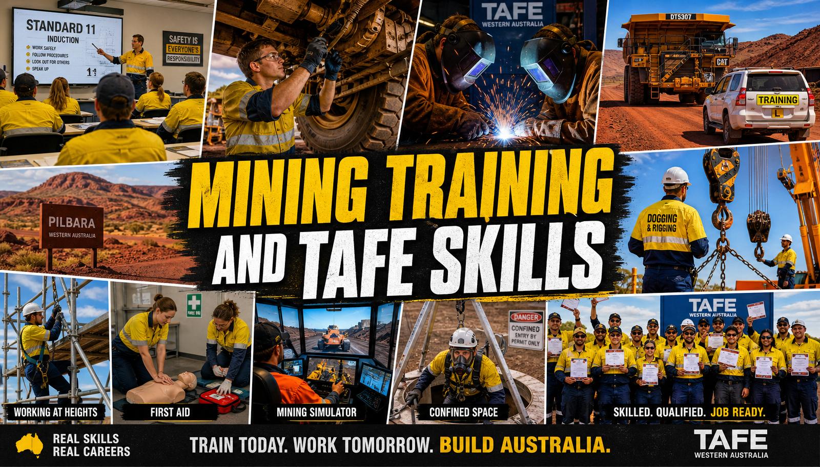 Collage of Australian mining training providers, RTOs and TAFE simulator training — Image created by www.australian-mining-jobs.com