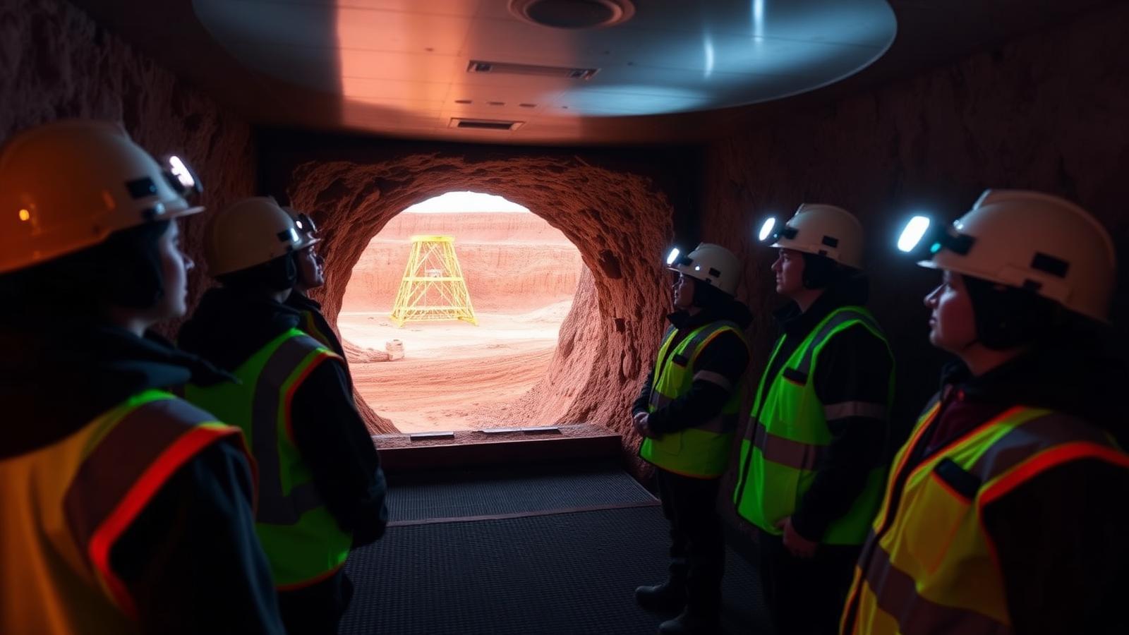 Kalgoorlie underground mining simulator with students in hi-vis wearing cap lamps — Image created by www.australian-mining-jobs.com