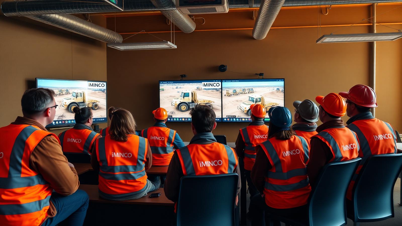 iMINCO mining induction classroom with students in orange hi-vis reviewing haul truck operations — Image created by www.australian-mining-jobs.com