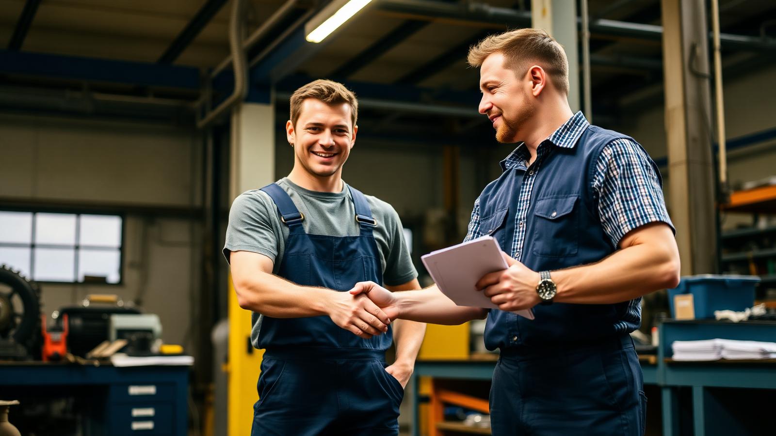 Young Australian apprentice diesel fitter in navy overalls shaking hands with a mentor supervisor in an industrial workshop — Image created by www.australian-mining-jobs.com