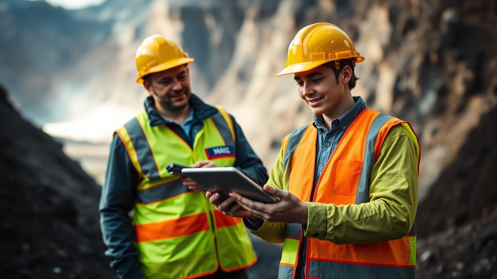 Young mining engineer graduate in hi-vis and hard hat holding a tablet with a geologist colleague at an open-cut mine — Image created by www.australian-mining-jobs.com
