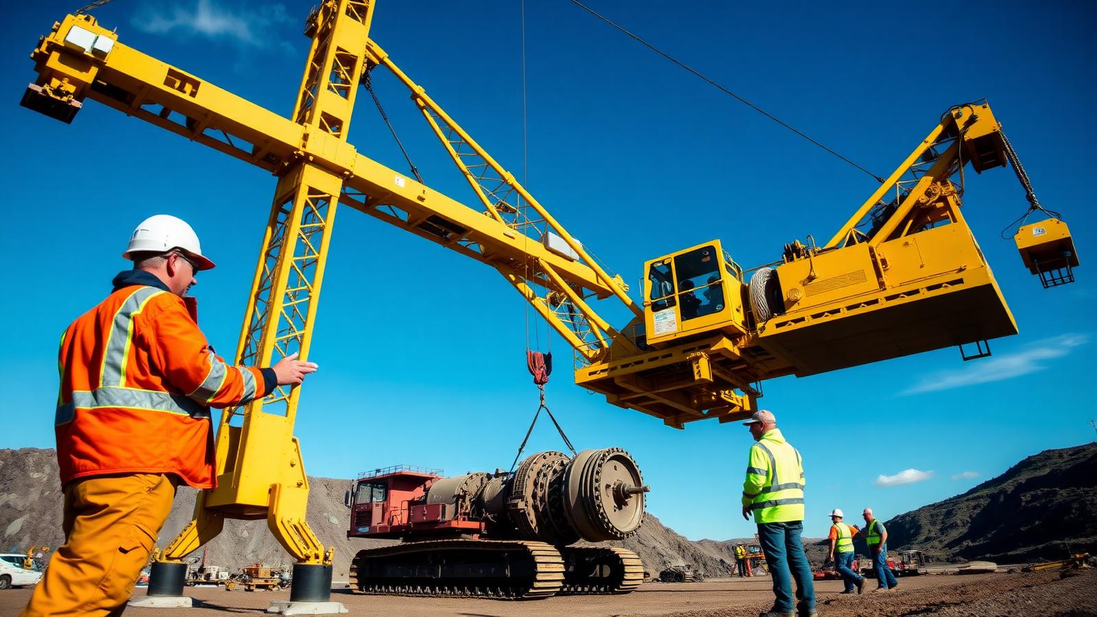 Advanced crane lift on a mine site with rigger and dogger giving hand signals under a blue sky — Image created by www.australian-mining-jobs.com