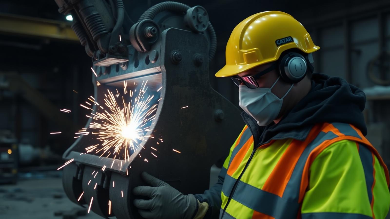 Qualified boilermaker in hi-vis welding an excavator bucket with sparks flying inside a mine site workshop — Image created by www.australian-mining-jobs.com