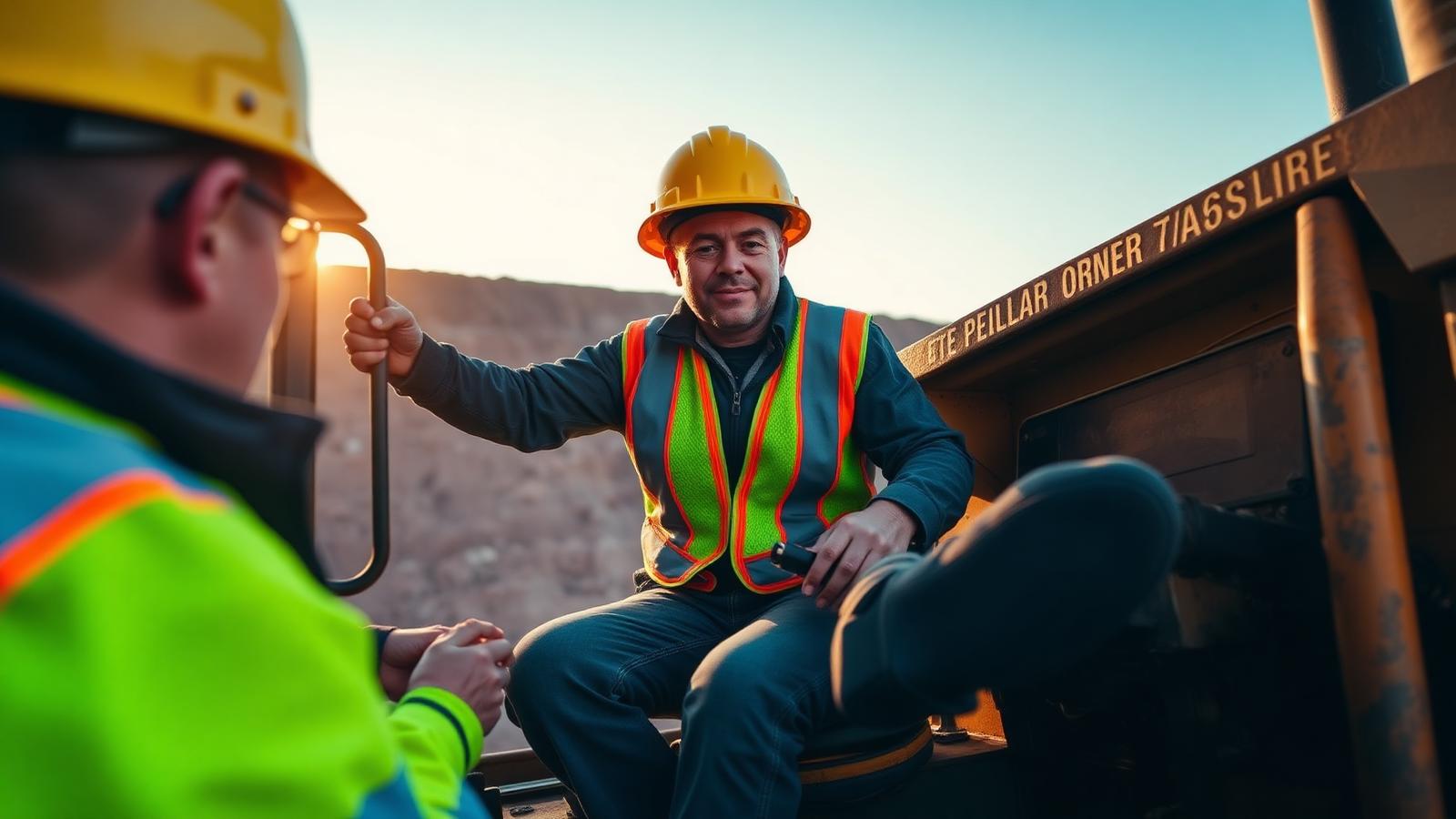 Entry-level Australian mine worker in hi-vis climbing into a haul truck cab at dawn — Image created by www.australian-mining-jobs.com
