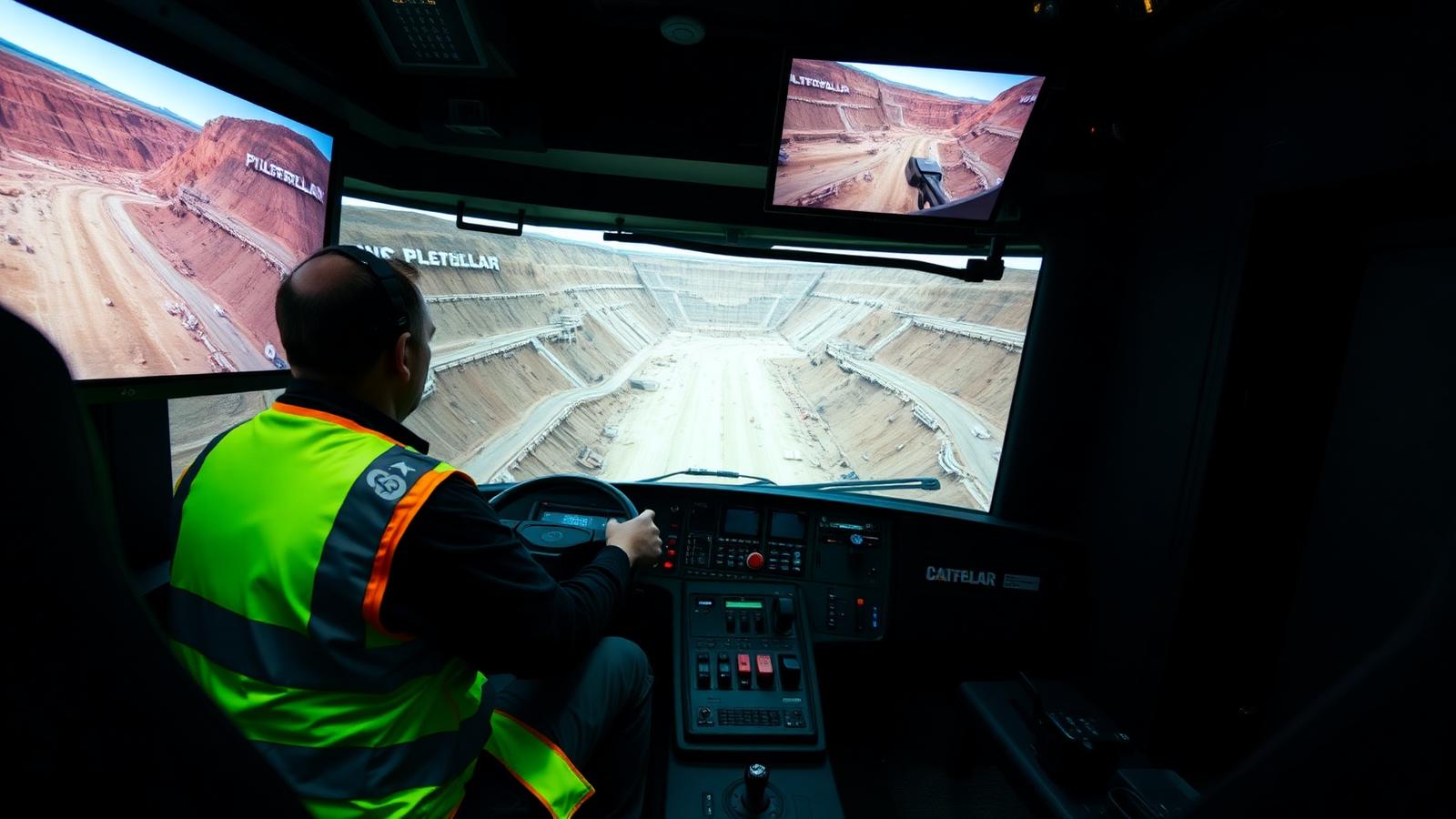 High-fidelity Caterpillar 793F haul truck simulator cabin with trainee in hi-vis operating the joysticks — Image created by www.australian-mining-jobs.com