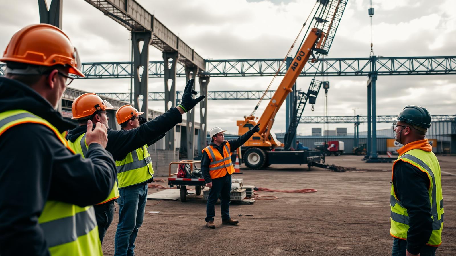 Rigger dogger training yard with students practicing crane hand signals in front of a mobile crane — Image created by www.australian-mining-jobs.com